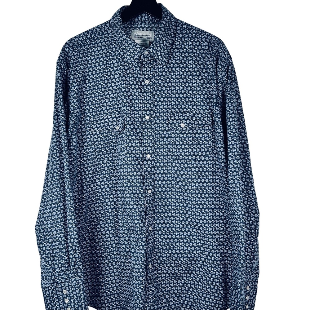 Wrangler Wrancher Mens XL Blue Paisley Western Snap Front Long Sleeve‎ Shirt